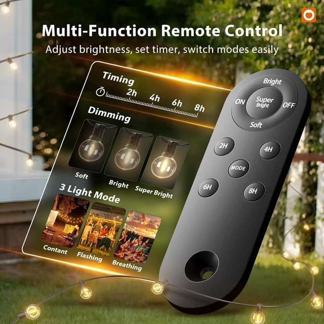 Alt view image 10 of 14 - addlon 100FT Solar String Lights Outdoor with Remote, 54 LED Shatterproof Bulbs, USB Charging, 20+ Hour Runtime, Dimmable & Timable, G40 Waterproof Solar Lights for Outside Backyard Patio Garden Decor