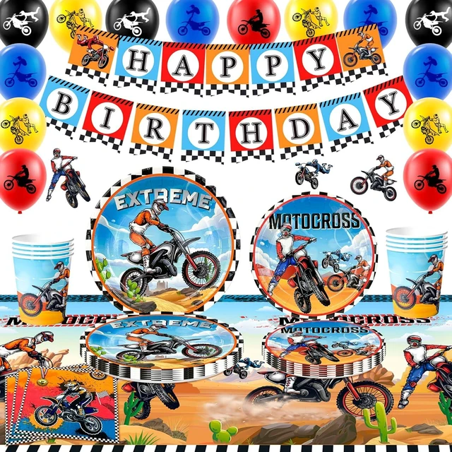 Alt view image 7 of 12 - Dirt Bike Birthday Party Decoration Supplies, 10 Guests Motorcycle Birthday Decorations Motorcycle Party Tableware Dirt Bike Party Plates and Napkins Cups Banner Balloon etc Motocross Party Supplies