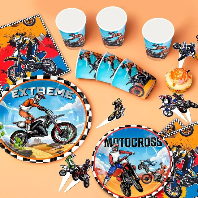 Alt view image 8 of 12 - Dirt Bike Birthday Party Decoration Supplies, 10 Guests Motorcycle Birthday Decorations Motorcycle Party Tableware Dirt Bike Party Plates and Napkins Cups Banner Balloon etc Motocross Party Supplies