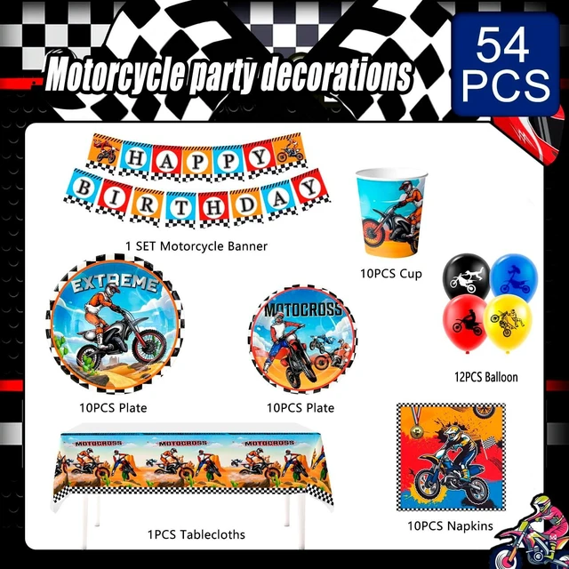 Alt view image 12 of 12 - Dirt Bike Birthday Party Decoration Supplies, 10 Guests Motorcycle Birthday Decorations Motorcycle Party Tableware Dirt Bike Party Plates and Napkins Cups Banner Balloon etc Motocross Party Supplies