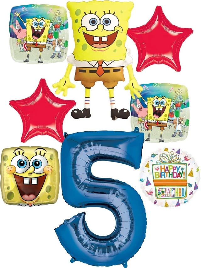 Alt view image 7 of 12 - Spongebobs 5th Birthday Party Supplies 8pc Foil Balloons Bouquet Decorations