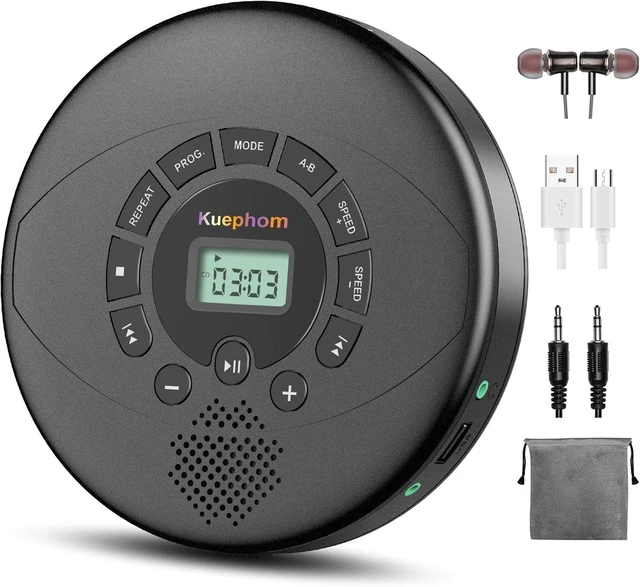 Alt view image 7 of 12 - Kuephom Portable CD Player with Speaker & Headphones | Rechargeable Discman with Anti-Skip, CD-R, MP3, USB Playable, Adjustable Play Speed, AUX Connection for Car, Black
