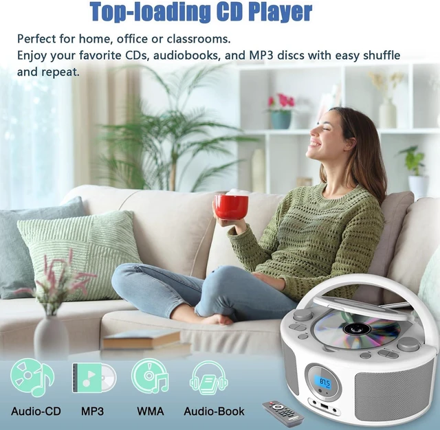 Alt view image 9 of 14 - Portable CD Player Boombox with Bluetooth, FM Radio, Remote Control, USB Port and AUX Headphone Jack, MP3 CDs Compatible, Clear Stereo Sound, AC/Battery Powered