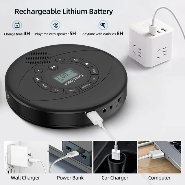 Alt view image 8 of 12 - Kuephom Portable CD Player with Speaker & Headphones | Rechargeable Discman with Anti-Skip, CD-R, MP3, USB Playable, Adjustable Play Speed, AUX Connection for Car, Black