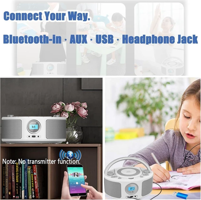 Alt view image 13 of 14 - Portable CD Player Boombox with Bluetooth, FM Radio, Remote Control, USB Port and AUX Headphone Jack, MP3 CDs Compatible, Clear Stereo Sound, AC/Battery Powered