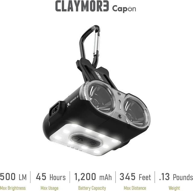 Alt view image 13 of 14 - Claymore Capon 120H (Black) - LED Rechargeable Clip-On Cap Headlamp, Lightweight Hat Light for Camping, Running, Hiking, Emergency & Industrial Use, Waterproof, USB-C, Up to 45 Hours of Battery Life.