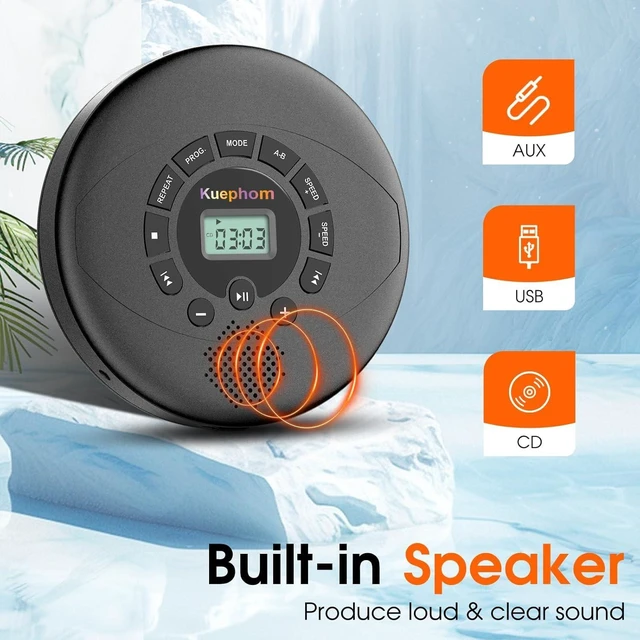 Alt view image 9 of 12 - Kuephom Portable CD Player with Speaker & Headphones | Rechargeable Discman with Anti-Skip, CD-R, MP3, USB Playable, Adjustable Play Speed, AUX Connection for Car, Black