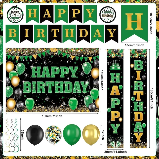 Alt view image 9 of 14 - 48Pcs Green and Black Birthday Decorations Black Green Gold Happy Birthday Party Supplies Happy Birthday Banner Backdrop Balloons Hanging Swirls for Women Men Boy Girls Birthday St. Patrick Day Party