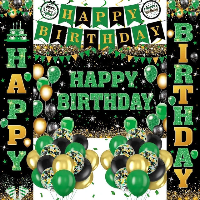 Alt view image 8 of 14 - 48Pcs Green and Black Birthday Decorations Black Green Gold Happy Birthday Party Supplies Happy Birthday Banner Backdrop Balloons Hanging Swirls for Women Men Boy Girls Birthday St. Patrick Day Party