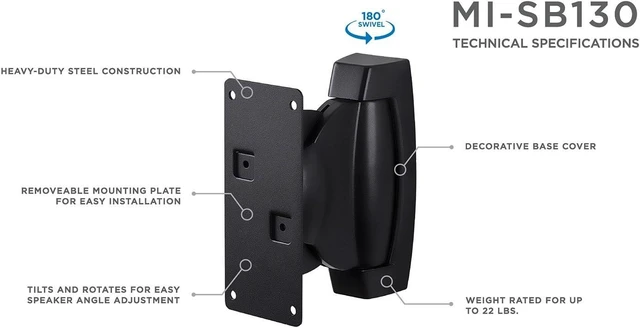 Alt view image 10 of 12 - Mount-It! Heavy-Duty Speaker Wall Mount, Universal Adjustable Design for Bookshelf, Large or Small Speakers, 1 Pair, 22 Lbs Capacity, Black