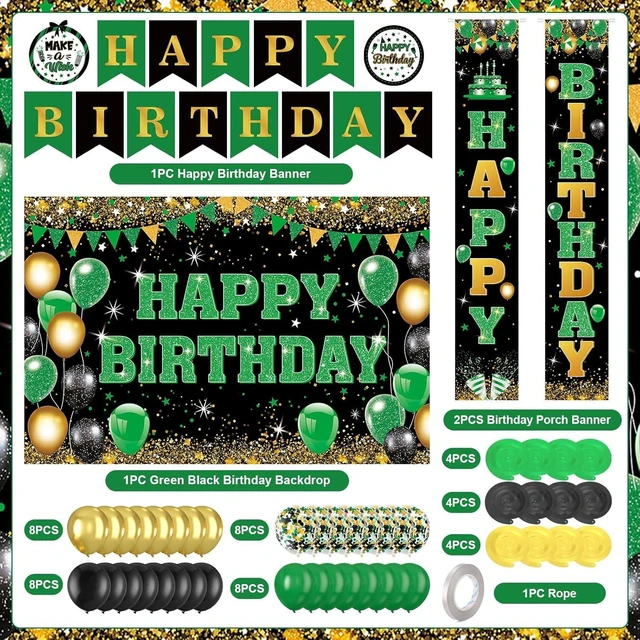 Alt view image 10 of 14 - 48Pcs Green and Black Birthday Decorations Black Green Gold Happy Birthday Party Supplies Happy Birthday Banner Backdrop Balloons Hanging Swirls for Women Men Boy Girls Birthday St. Patrick Day Party