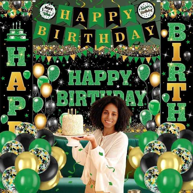 Alt view image 13 of 14 - 48Pcs Green and Black Birthday Decorations Black Green Gold Happy Birthday Party Supplies Happy Birthday Banner Backdrop Balloons Hanging Swirls for Women Men Boy Girls Birthday St. Patrick Day Party