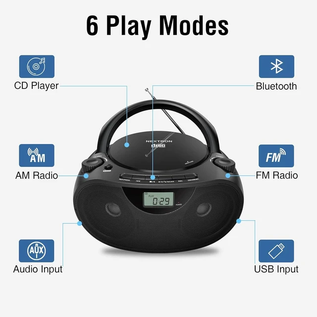 Alt view image 9 of 14 - Nextron Portable CD Player Bluetooth Boombox with AM/FM Radio, USB, AUX-in, Headphone Jack, CD-R/RW & MP3-CD Compatible, Stereo Sound with Bass Boost, AC/Battery Operated Black