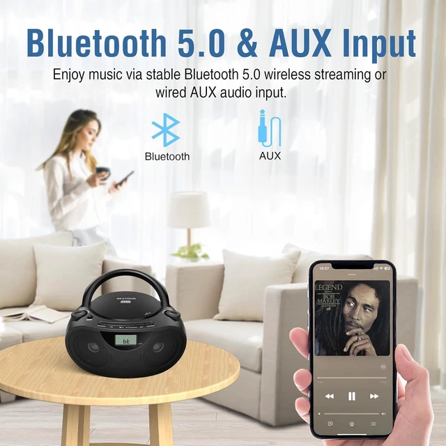 Alt view image 13 of 14 - Nextron Portable CD Player Bluetooth Boombox with AM/FM Radio, USB, AUX-in, Headphone Jack, CD-R/RW & MP3-CD Compatible, Stereo Sound with Bass Boost, AC/Battery Operated Black