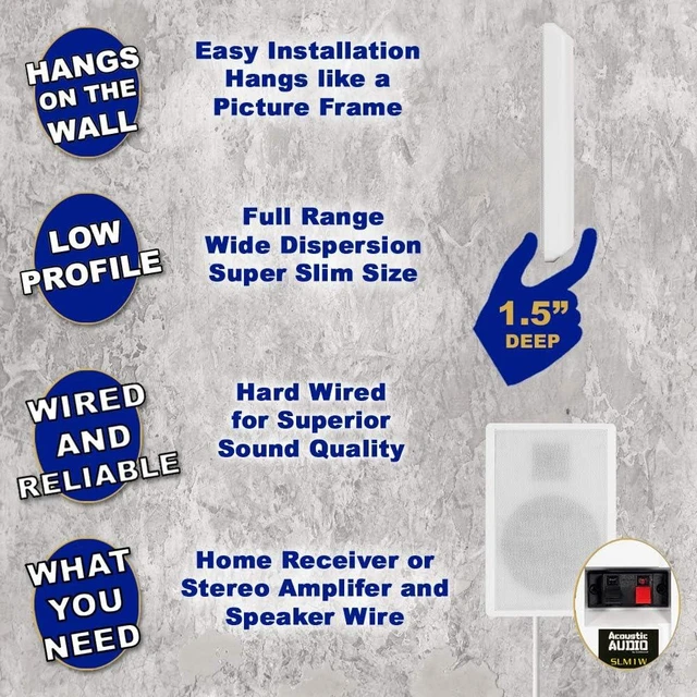 Alt view image 9 of 14 - Acoustic Audio by Goldwood SLM1W Mountable On Wall Slim Speakers Home Theater Wired Pair Pack, White