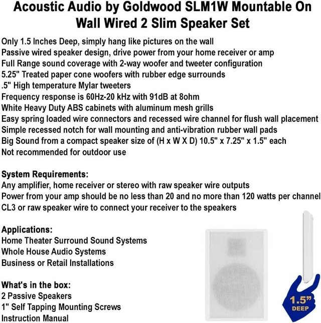 Alt view image 14 of 14 - Acoustic Audio by Goldwood SLM1W Mountable On Wall Slim Speakers Home Theater Wired Pair Pack, White