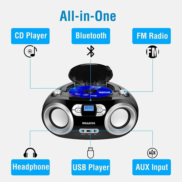 Alt view image 9 of 14 - MEGATEK Portable CD Player Boombox with FM Radio, Bluetooth, USB Port, AUX Input, and Headphone Jack CD-R/CD-RW/MP3-CD Compatible, Clear Stereo Sound, Backlit LCD Display Black