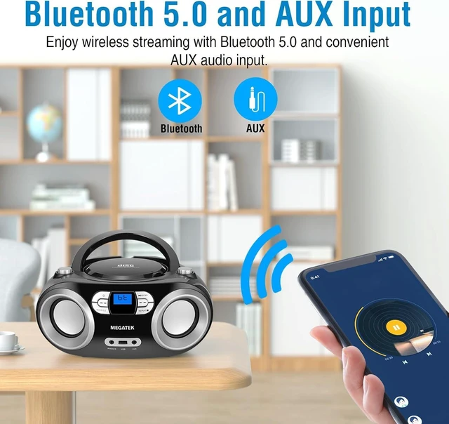 Alt view image 11 of 14 - MEGATEK Portable CD Player Boombox with FM Radio, Bluetooth, USB Port, AUX Input, and Headphone Jack CD-R/CD-RW/MP3-CD Compatible, Clear Stereo Sound, Backlit LCD Display Black