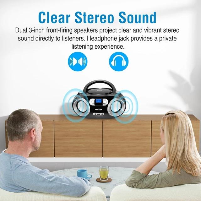 Alt view image 10 of 14 - MEGATEK Portable CD Player Boombox with FM Radio, Bluetooth, USB Port, AUX Input, and Headphone Jack CD-R/CD-RW/MP3-CD Compatible, Clear Stereo Sound, Backlit LCD Display Black