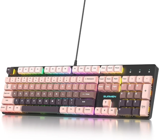 Alt view image 13 of 13 - surmen Wired Mechanical Keyboard Full-Size,104-Key RGB Thocky Keyboard with Number Pad USB Retro Brown PBT Keycaps for Win Gaming/Office (104 Heimei)