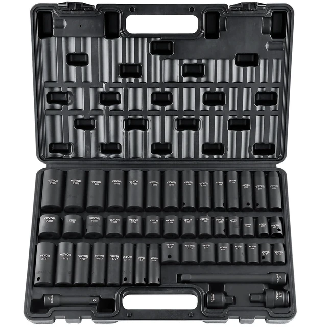Alt view image 8 of 14 - Impact Socket Set 3/8" Drive, 48-Piece Standard SAE (5/16 to 3/4 inch) & Metric (8 to 22 mm) Size, Deep & Shallow, 6 Point, CR-V, Extension Bar, Universal Joint, 1/2" F to 3/8" M Reducer