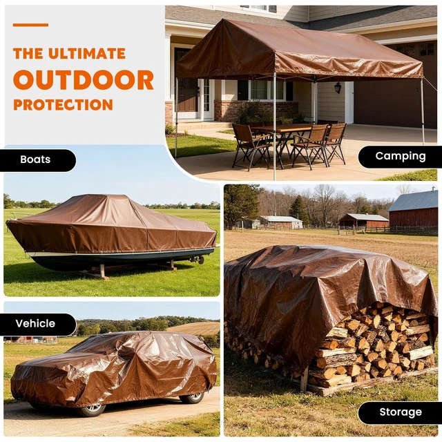 Alt view image 13 of 14 - Tarps Heavy Duty Waterproof 16x20 Feet, Extra Thick 10 Mil (Brown) Tear & Fade Resistant, UV Blocking, Outdoor Tarp with Reinforced Grommets for Roof, Camping, Patio, Pool, Boat