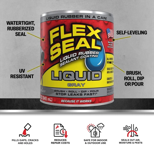 Alt view image 9 of 14 - Rubber Sealant Coating, Waterproof, Gray, 32 oz Stops leaks fast, brush, roll, dip or pour on, UV resistant, prevents rust, corrosion, roof, basement, RV, gutters, masonry