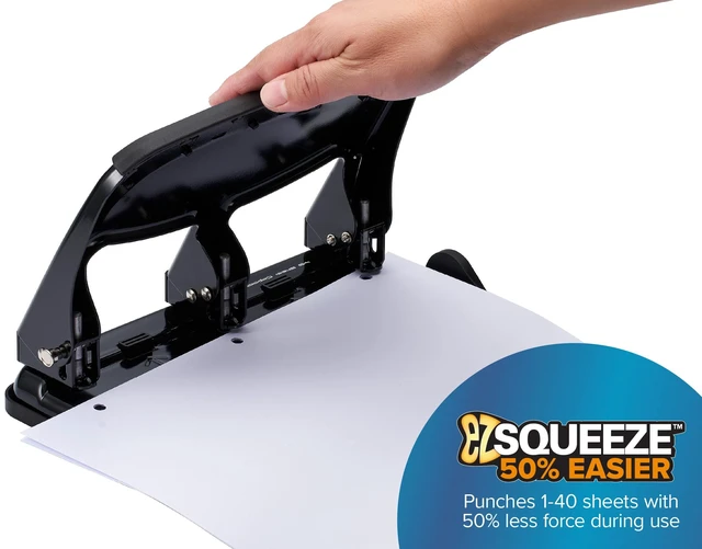 Alt view image 9 of 14 - EZ Squeeze Heavy Duty 3 Hole Punch, 40 Sheet Capacity, Black EZ-Squeeze Technology, All-Metal Construction, Easy-to-Clean Tray, Keeps Documents Centered, Built for Years of Use