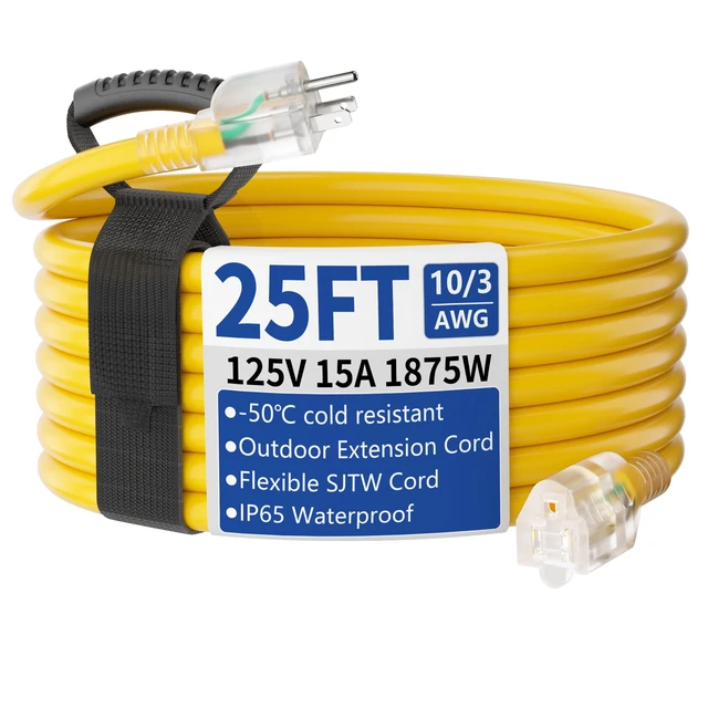 Alt view image 8 of 14 - 25ft Outdoor/Indoor Extension Cord with Lighted 10/3 Gauge Yellow 3 Prong, Heavy Duty, SJTW, Waterproof, Flexible Cold-Resistant extension cord for Home, Work or Construction, 15A 125V 1875W