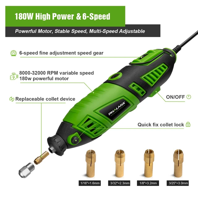 Alt view image 9 of 12 - 180W Rotary Tool Kit, 1.5-Amp 6 Variable Speed with Flex Shaft, 8000-32000RPM Multi-Tool& 139pcs Accessories Kit, Power Multiuse Set Prefect for Crafting Projects and DIY Creations