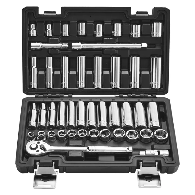 Alt view image 8 of 14 - Socket Set, 44 Pieces, 3/8 inch Drive Socket and Ratchet Set, SAE and Metric, Deep and Shallow, Mechanic Tool Kit with Accessories and Storage Case, CR-V Alloy Steel, for Automotive Repair