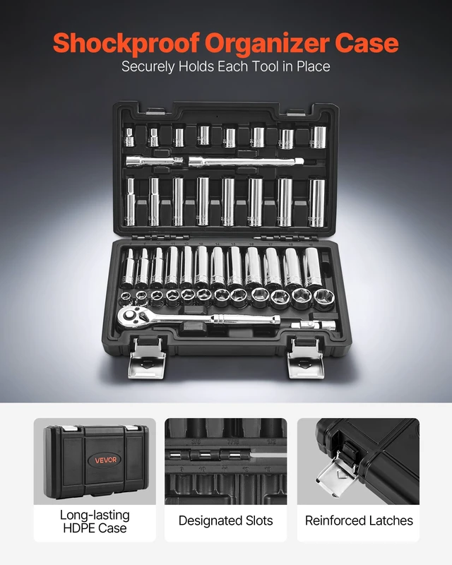 Alt view image 12 of 14 - Socket Set, 44 Pieces, 3/8 inch Drive Socket and Ratchet Set, SAE and Metric, Deep and Shallow, Mechanic Tool Kit with Accessories and Storage Case, CR-V Alloy Steel, for Automotive Repair