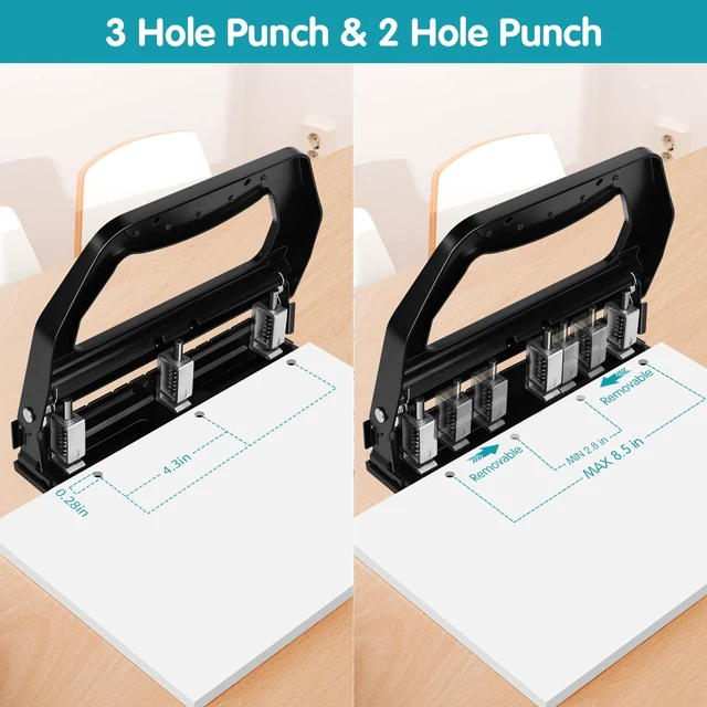 Alt view image 10 of 12 - 3 Hole Punch Heavy Duty, 9/32" Holes, 50-Sheet Hole Puncher 3 Ring, 50% Reduced Effort, Adjustable Two & Three Hole Punch, Metal Paper Puncher w/Large Chip Tray, Metal Paper Guide, Black, HP18