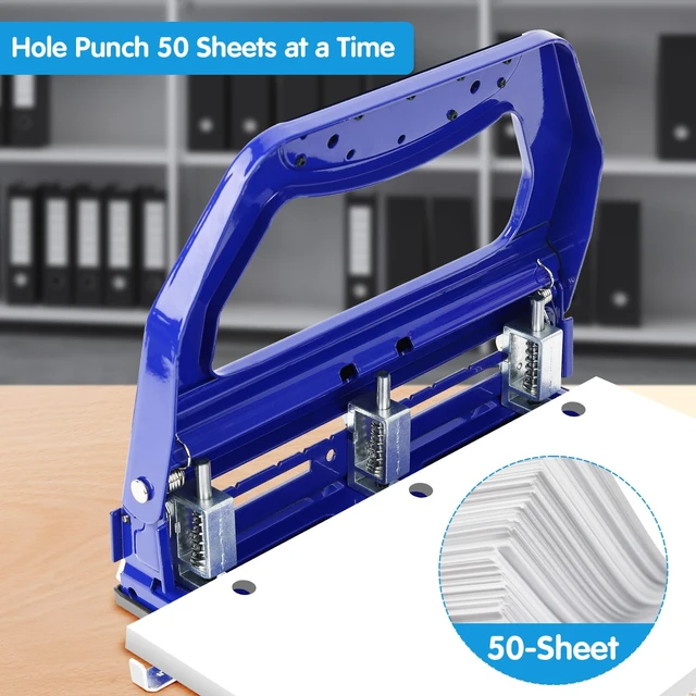 Alt view image 8 of 12 - 3 Hole Punch Heavy Duty, 9/32" Holes, 50-Sheet Hole Puncher 3 Ring, 50% Reduced Effort, Adjustable Two & Three Hole Punch, Metal Paper Puncher w/Large Chip Tray, Metal Paper Guide, Blue, HP18
