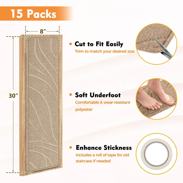 Alt view image 12 of 14 - Stair Treads for Wooden Steps, 15 PCS 8"x30", Beige Non-Slip TPE Backing Indoor Stair Runners, Washable & Reusable Stairs Carpet Rugs, No Residue, Safe for Kids, Pets, Seniors