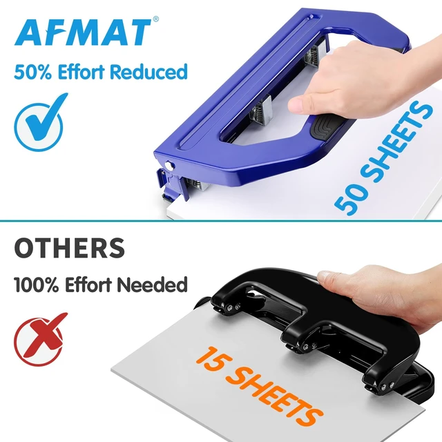 Alt view image 12 of 12 - 3 Hole Punch Heavy Duty, 9/32" Holes, 50-Sheet Hole Puncher 3 Ring, 50% Reduced Effort, Adjustable Two & Three Hole Punch, Metal Paper Puncher w/Large Chip Tray, Metal Paper Guide, Blue, HP18