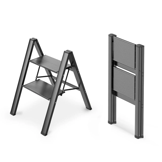 Alt view image 8 of 14 - 2 Step Ladder, Foldable Step Stool, 300lbs Load, Black Folded 27''H x 2''T; Net 6.6 lbs; Rigid Aluminum Steps; No Assembly; For Home, Kitchen, Office, Pantry, Closets, Cabinets