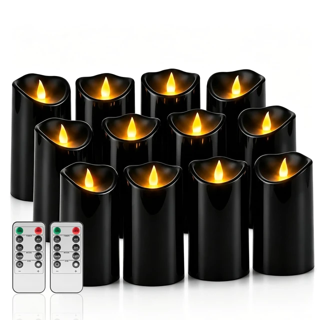 Alt view image 8 of 14 - Flameless Candles 3"D X 6"H Set of 12 Outdoor Indoor Ivory Pillars Battery Operated Flickering Candles Include 8-Key Remote Timer Function, Black Waterproof Candles for Wedding, Aniversary Decor