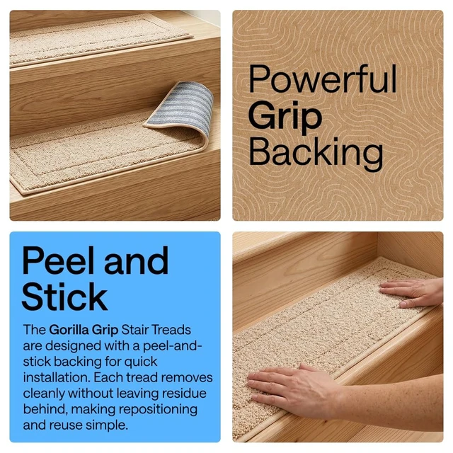 Alt view image 11 of 14 - Peel and Stick Stair Treads, 8x28 Inches, 12 Pack, Beige Multi-Surface Use Machine Washable Carpet Runners for Wooden Steps, Indoor Rugs for Stairs, Pet Friendly, Universal Size