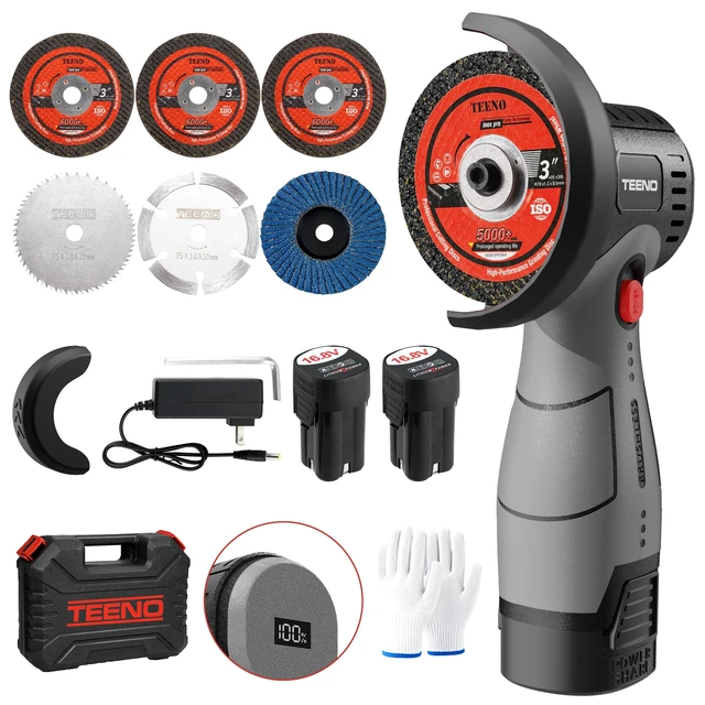 Alt view image 8 of 14 - Brushless Cordless Angle Grinder 3", 16.8V Cut-Off Tool, LED, Gray 19500 RPM Mini Angle Grinder with Overheat Protection, 2x 2.0Ah Batteries, Hard Case & 6 Discs for Metal/Wood/Tile