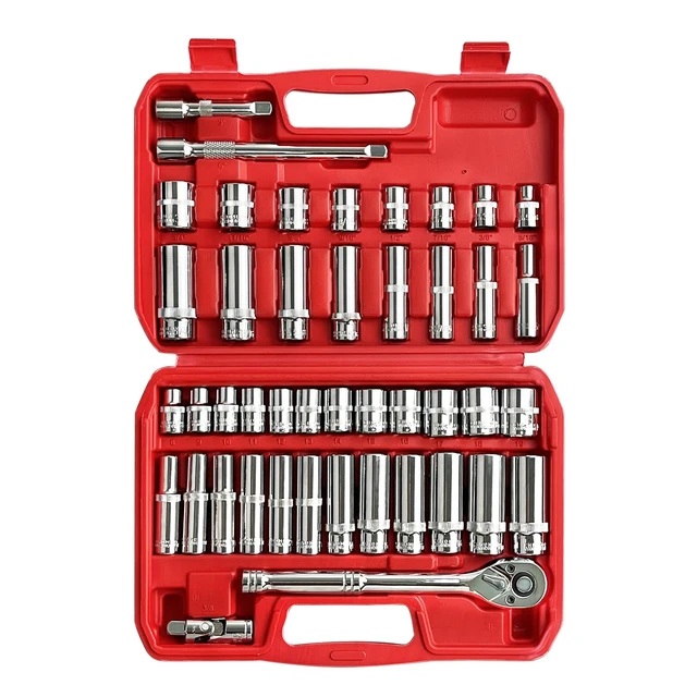 Alt view image 8 of 14 - 44pcs 3/8" Drive Impact Socket Set,Drive Master Socket Set,SAE/Metric, Deep & Shallow with 3/8" Drive Head Ratchet,Universal Joint,Extension bar (3 & 6),6 Point,CR-V SteelMirror Chrome