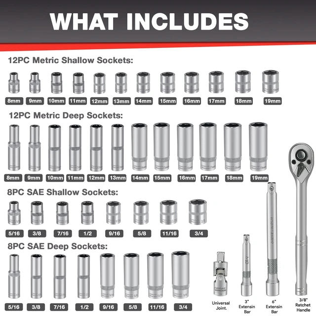 Alt view image 9 of 14 - 44pcs 3/8" Drive Impact Socket Set,Drive Master Socket Set,SAE/Metric, Deep & Shallow with 3/8" Drive Head Ratchet,Universal Joint,Extension bar (3 & 6),6 Point,CR-V SteelMirror Chrome