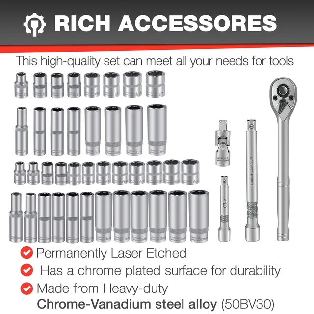 Alt view image 11 of 14 - 44pcs 3/8" Drive Impact Socket Set,Drive Master Socket Set,SAE/Metric, Deep & Shallow with 3/8" Drive Head Ratchet,Universal Joint,Extension bar (3 & 6),6 Point,CR-V SteelMirror Chrome