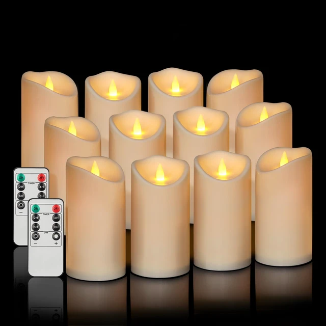 Alt view image 7 of 12 - Flameless Candles 3"D X 6"H Set of 12 Outdoor Indoor Ivory Pillars Battery Operated Flickering Candles Include 8-Key Remote Timer Function, Ivory Waterproof Candles for Wedding, Aniversary Decor
