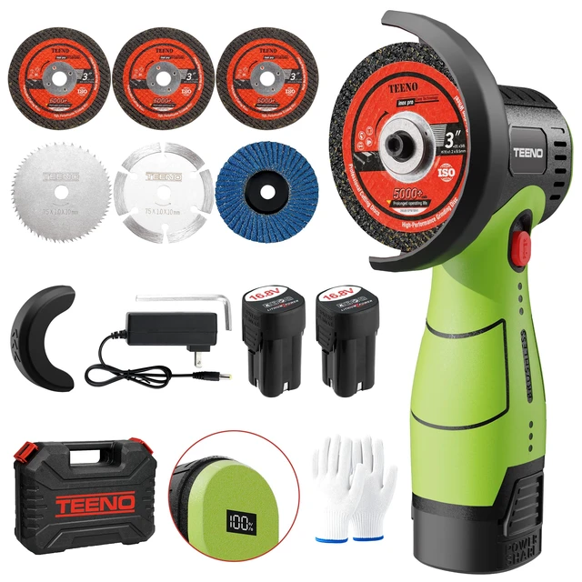 Alt view image 8 of 14 - Brushless Cordless Angle Grinder 3", 16.8V Cut-Off Tool, LED, Green 19500 RPM Mini Angle Grinder with Overheat Protection, 2x 2.0Ah Batteries, Hard Case & 6 Discs for Metal/Wood/Tile