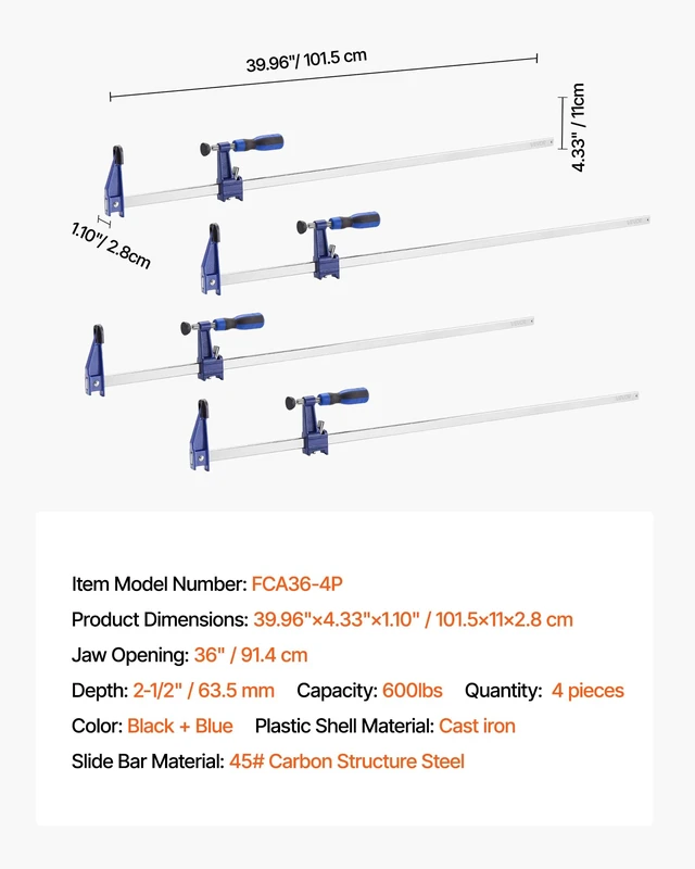 Alt view image 14 of 14 - 36" Bar Clamps for Woodworking, 4-Pack, 600 lbs Load Limit 2-1/2 inch Depth, Lockable F-Clamp, Cast Iron and Carbon Steel, Easy to Use, Metalworking and DIY Projects