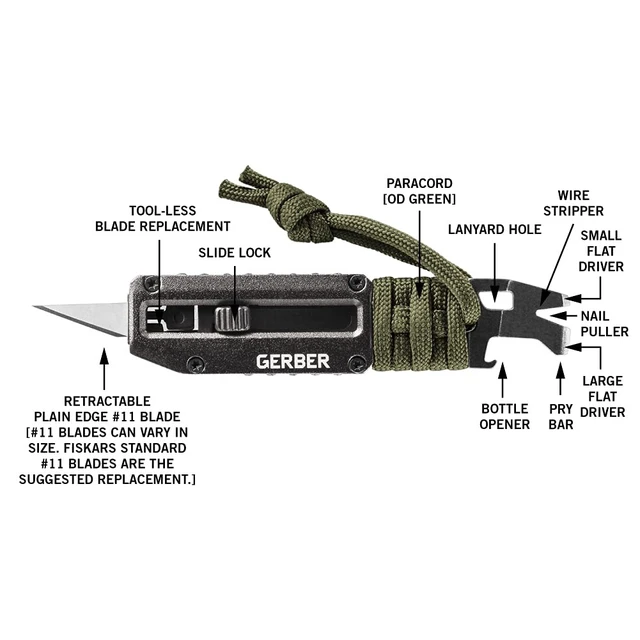 Alt view image 9 of 12 - Prybrid X EDC Pocket Knife Multitool with Bottle Opener, Green Retractable box cutter blade, pry bar, everyday carry, compact multitool, replaceable blade