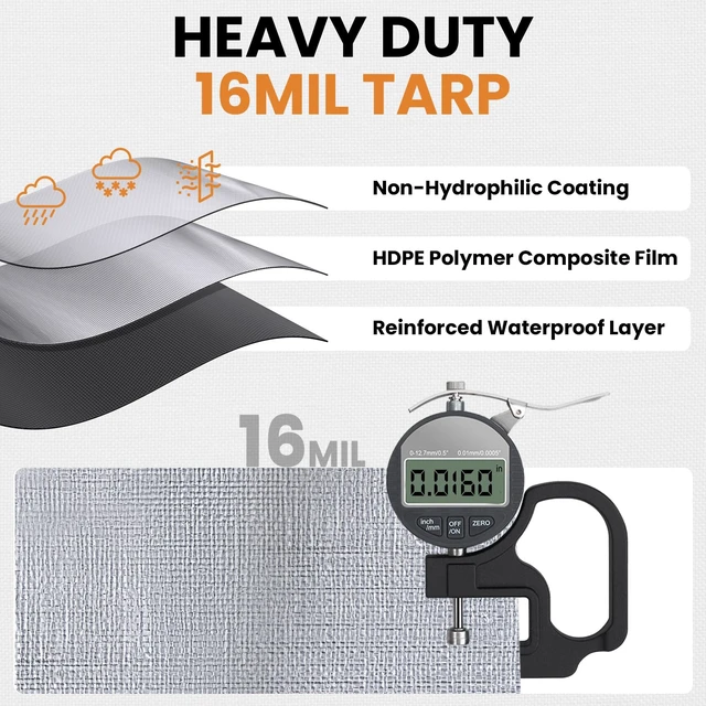 Alt view image 10 of 14 - 16 Mil 12x20 FT Heavy Duty Waterproof Tarps for Outdoor, Silver Heavy Duty Tarps with Reinforced Edges & Rustproof Grommets, Waterproof Cover for Roof, Tent, Camping, Pool, Car