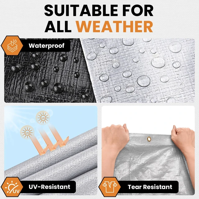 Alt view image 11 of 14 - 16 Mil 12x20 FT Heavy Duty Waterproof Tarps for Outdoor, Silver Heavy Duty Tarps with Reinforced Edges & Rustproof Grommets, Waterproof Cover for Roof, Tent, Camping, Pool, Car