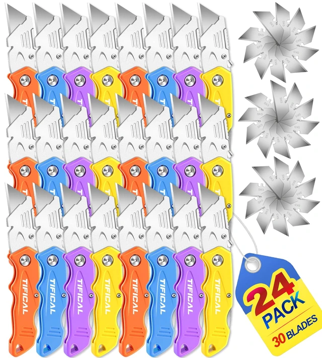 Alt view image 8 of 14 - 24Pack Box Cutter Retractable, Folding Utility Knife with 30 Blades SK5 razor knife blades, quick change pocket knife, navajas para trabajo for cardboard, drywall, rope, linoleum and packages